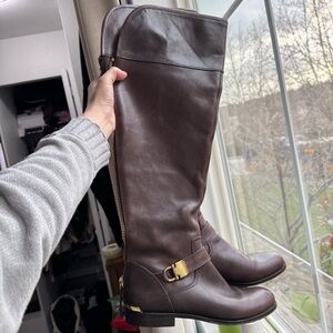 Coach Dark Brown Leather Riding Boots with Gold Hardware